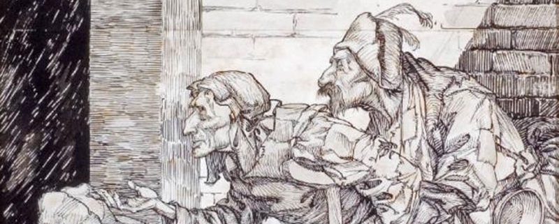 Scena dei Promessi Sposi: contadini in cerca di pane. Acquerello di Giovanni Battista Galizzi (1882-1963), Lecco (LC), Musei Civici di Lecco. Museo Manzoniano